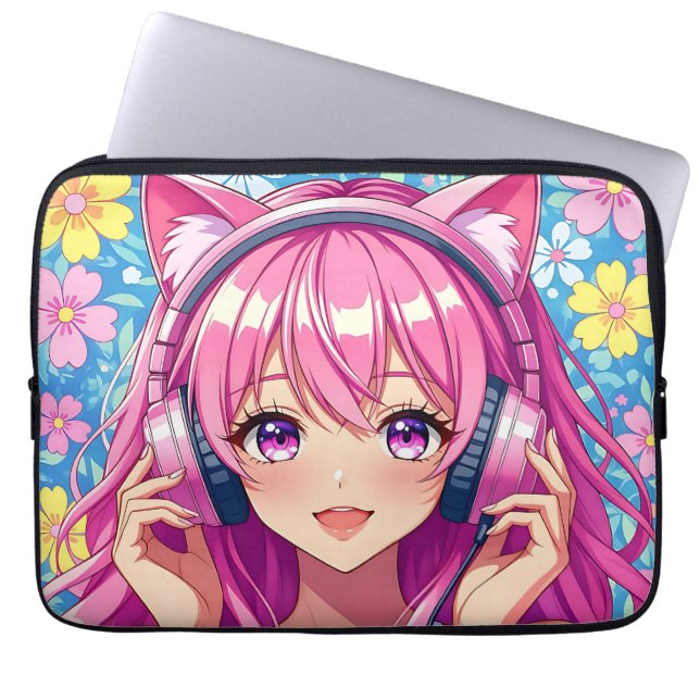 Capa Para Notebook Garota Anime Rosa Fofa com Fones de Ouvido (Frente)