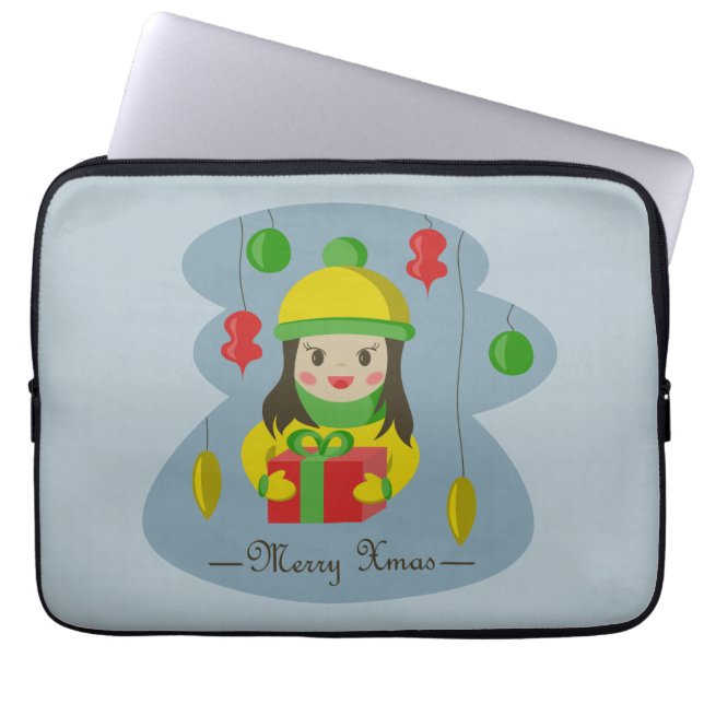 Capa Para Notebook Garota com caixa de presentes de Natal (Frente)
