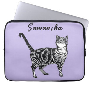 Capa Para Notebook Gata Tabby Preto e Branco Nome Roxo