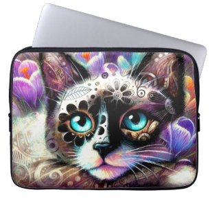 Capa Para Notebook Gatinho Siamês Gato Crocus Floral Purple Teal Whit