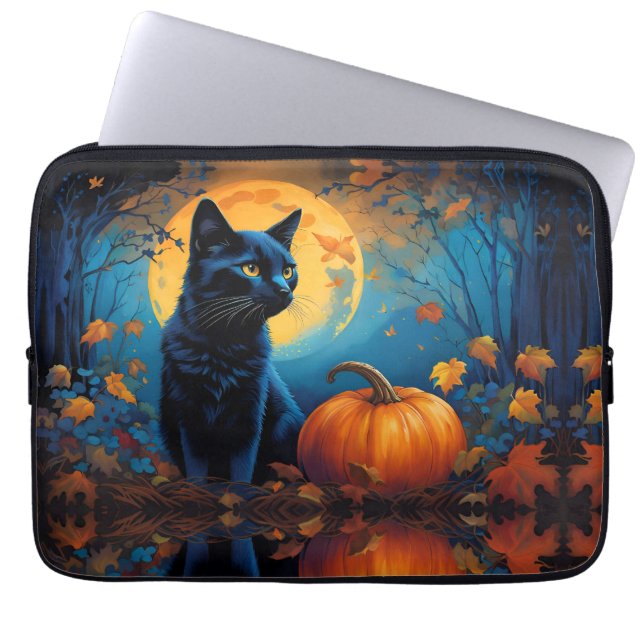 Capa Para Notebook Gatinhos Negros Pumpkin Cheia Folhas de outono (Frente)
