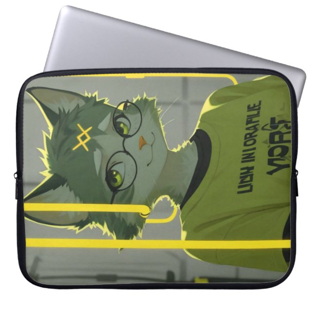 Capa Para Notebook Gato Anime Fofo com Óculos Gráficos Verde Lima (Frente)
