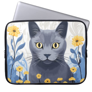 Capa Para Notebook Gato Azul Russo Flores Amarelas