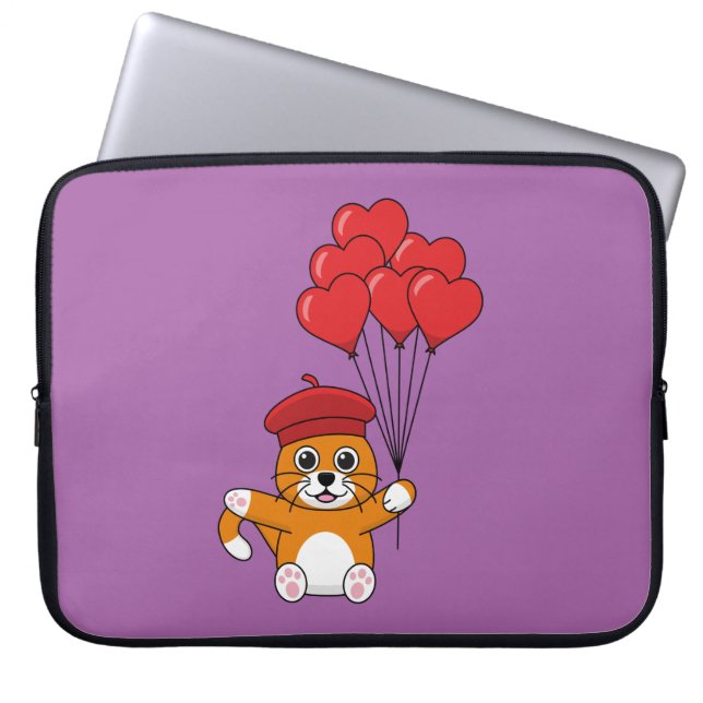 Capa Para Notebook Gato Bonito com Balões de Coração Vermelho (Frente)