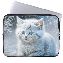 Capa Para Notebook Gato Branco Bonito Brincando na Neve