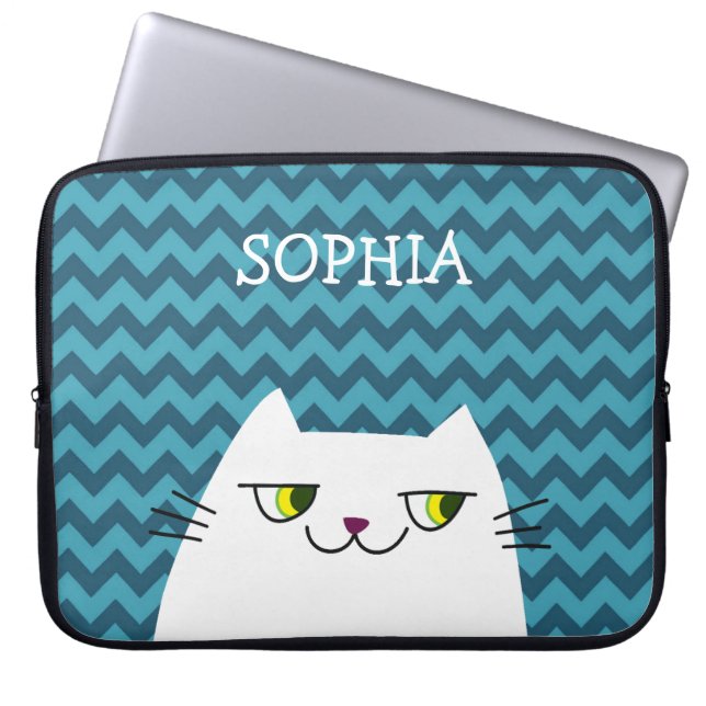 Capa Para Notebook Gato Branco e Azul Zig Zag Monogramado (Frente)