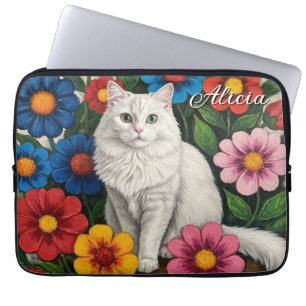Capa Para Notebook Gato Branco Fofinho e Flores de Arte Popular