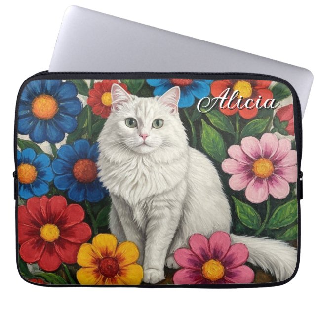 Capa Para Notebook Gato Branco Fofinho e Flores de Arte Popular (Frente)