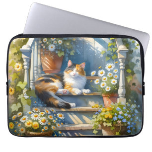 Capa Para Notebook Gato Calico no Cottagecore de Varanda Floral