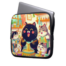 Gato comendo sopa de macarrão e amigos