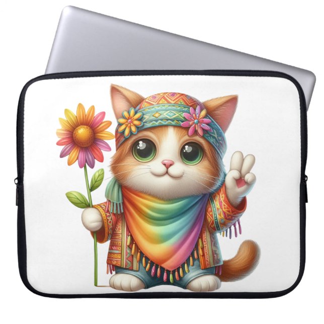 CAPA PARA NOTEBOOK GATO COROSO DE HIPPIE COM SFLOWER (Frente)