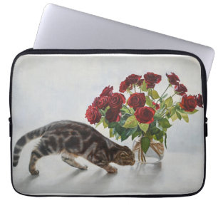 Capa Para Notebook Gato e Rosas Vermelhas – Impressão de Pintura a Ól