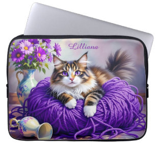 Capa Para Notebook Gato em Fio de Roxo Personalizado e Flores