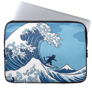 Capa Para Notebook Gato Engraçado Surfando a Grande Onda de Kanagawa
