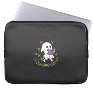 Capa Para Notebook Gato Fantasma de Halloween Lendo Livro Floral Desi