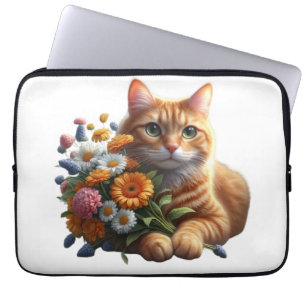 Capa Para Notebook Gato Fofo com um Buquê de Flores
