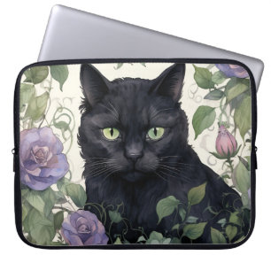 Capa Para Notebook GATO NEGRO bonito, ARREDONDADO POR PLANTAS E FLORE