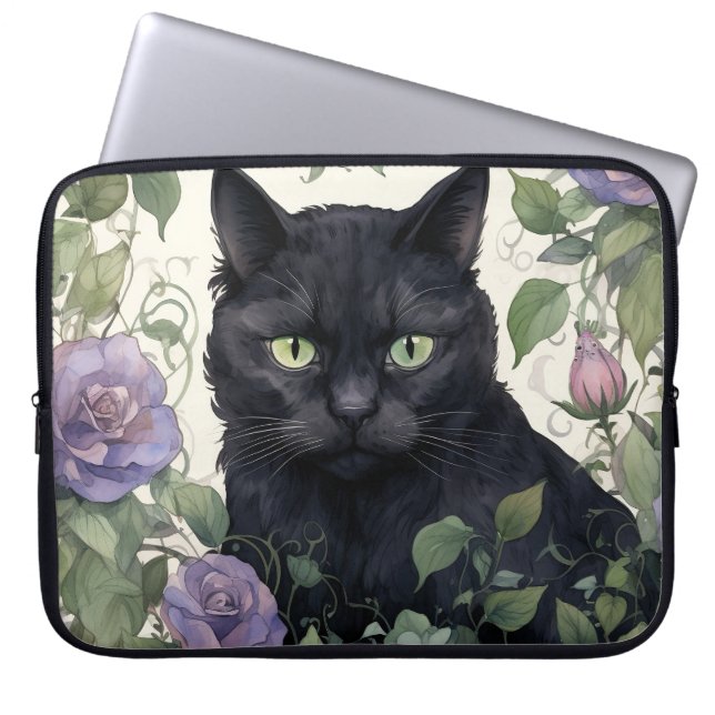 Capa Para Notebook GATO NEGRO bonito, ARREDONDADO POR PLANTAS E FLORE (Frente)