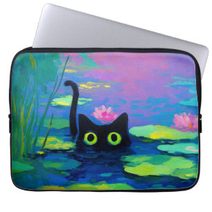 Capa Para Notebook Gato Negro Engraçado Nadando Pond   Quirky Art