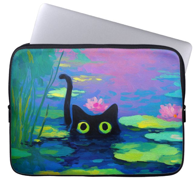 Capa Para Notebook Gato Negro Engraçado Nadando Pond | Quirky Art (Frente)
