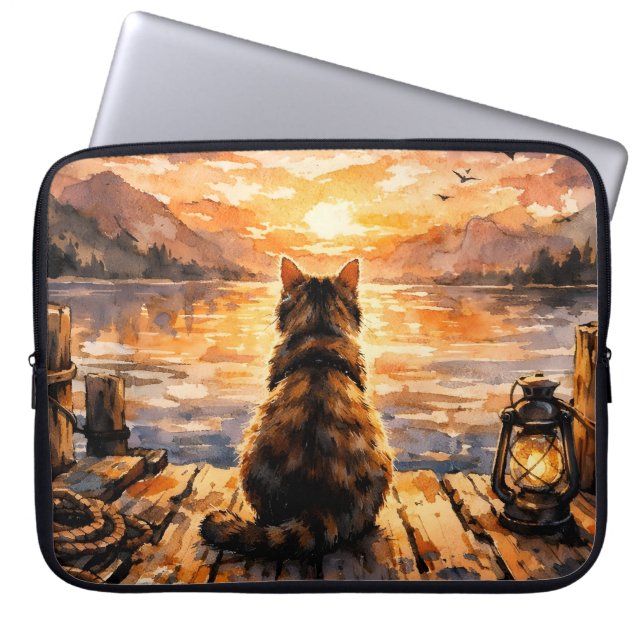 Capa Para Notebook Gato no Cais ao Pôr do Sol (Frente)