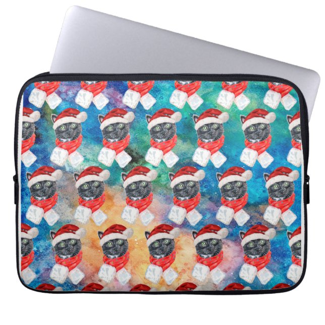 Capa Para Notebook Gato Preto com Cachecol Vermelho Natal Divertido (Frente)