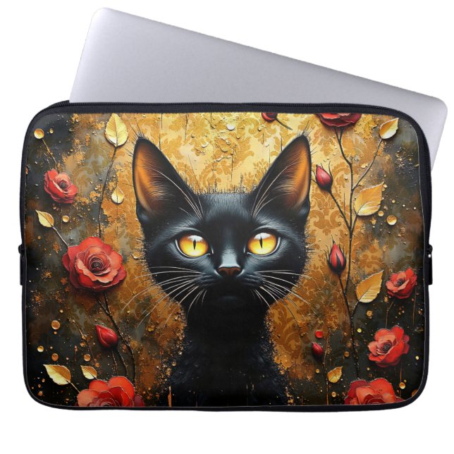 Capa Para Notebook Gato Preto e Rosas (Frente)