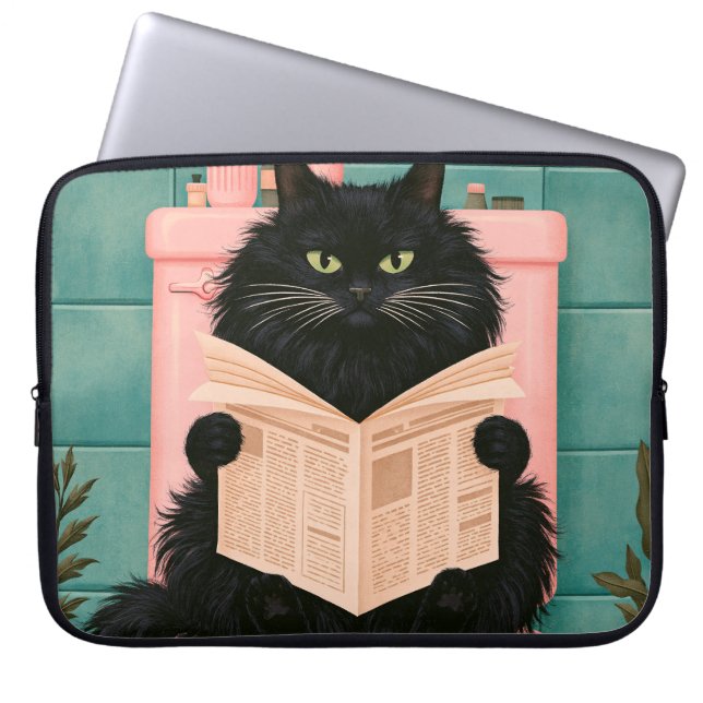 Capa Para Notebook Gato preto engraçado no banheiro  (Frente)