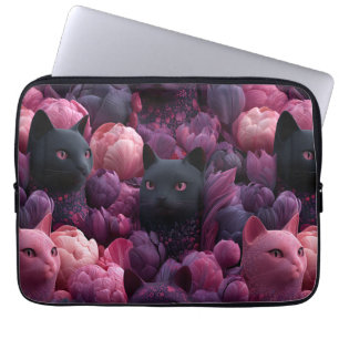 Capa Para Notebook Gato Preto Surreal e Padrão Floral Peônia Rosa