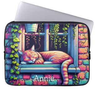 Capa Para Notebook Gato Sonolento no Parapeito da Janela Arte de IA P
