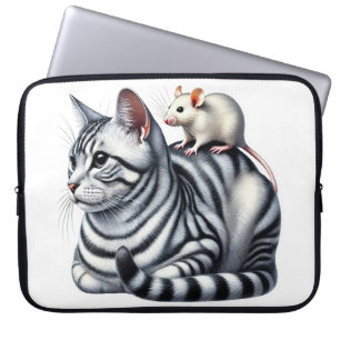 CAPA PARA NOTEBOOK GATO TABBY PRATEADO COM PEQUENO RATO BRANCO