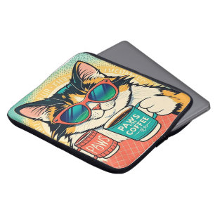 Capa Para Notebook Gato vestindo óculos de sol enormes, segurando caf