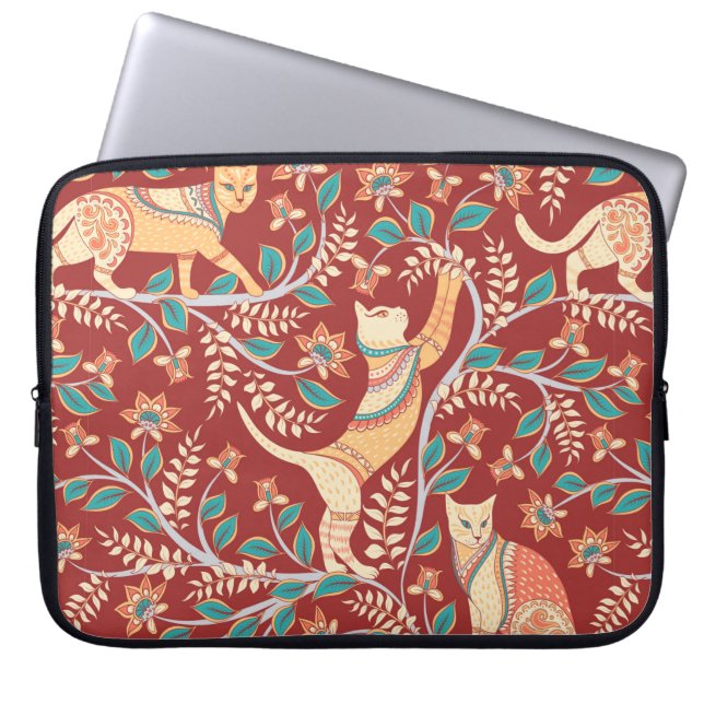 Capa Para Notebook Gatos com ornamentos, ramos com flores e folhas (Frente)