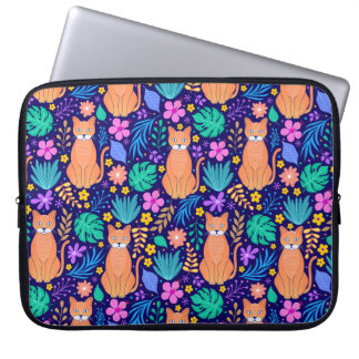 Capa Para Notebook Gatos e flores tropicais: padrão escuro