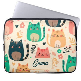 Capa Para Notebook Gatos Fofos e Padrão Floral Monograma Personalizad