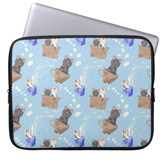 Capa Para Notebook Gatos na caixa e leite cai em azul (Frente)