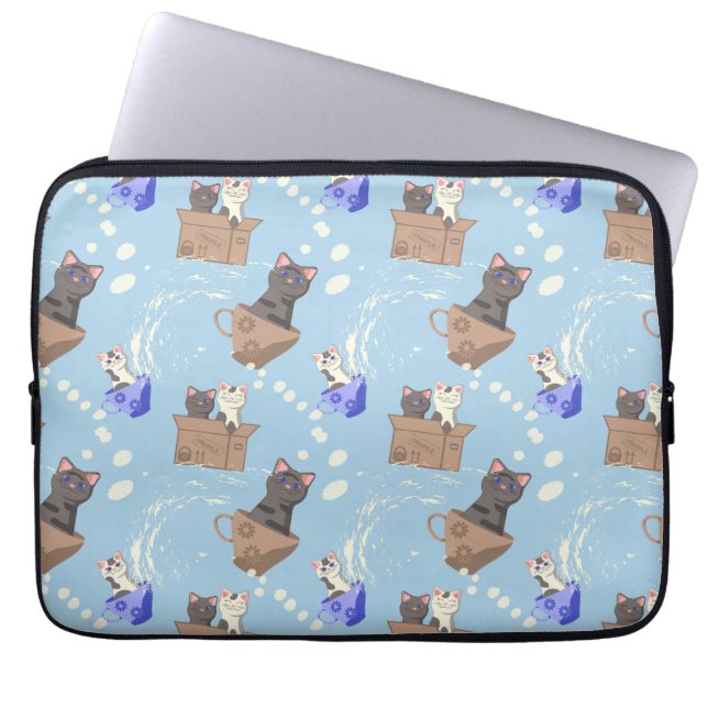 Capa Para Notebook Gatos na caixa e leite cai em azul (Frente)