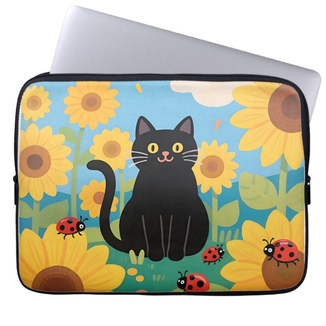 Capa Para Notebook Gatos Pretos Girassóis Joaninhas (Frente)