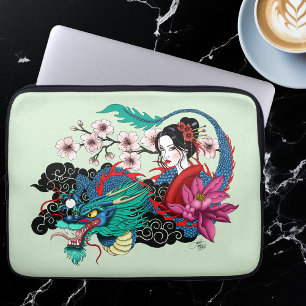Capa Para Notebook Géisha Asiática Dragão Flor de Cerejeira Azul