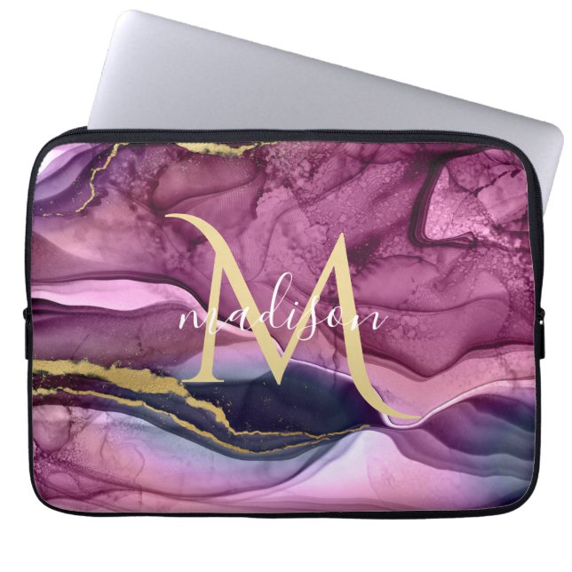 Capa Para Notebook Geodo de Ágata Roxo Rosa e Dourado Monogramado (Frente)