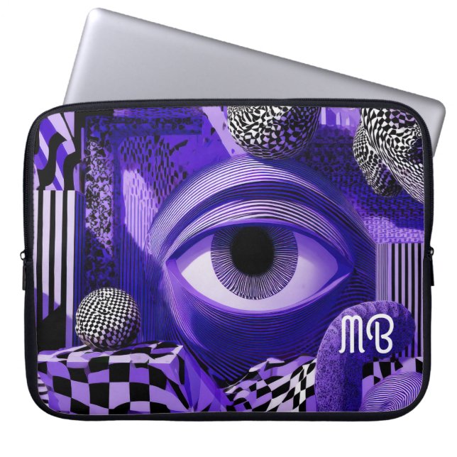 Capa Para Notebook Geométrico Abstrato Moderno Preto Branco Roxo 38cm (Frente)