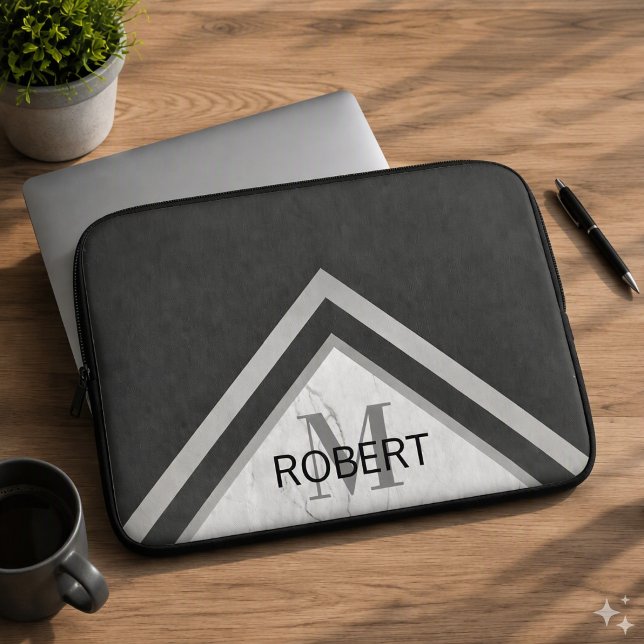 Capa Para Notebook Geométrico Monogramado Chevron Preto Mármore Prata (Criador carregado)