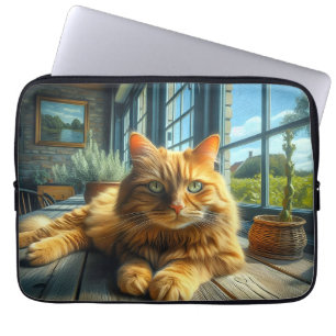 Capa Para Notebook Ginger Cat Soltando em uma Mesa por uma janela