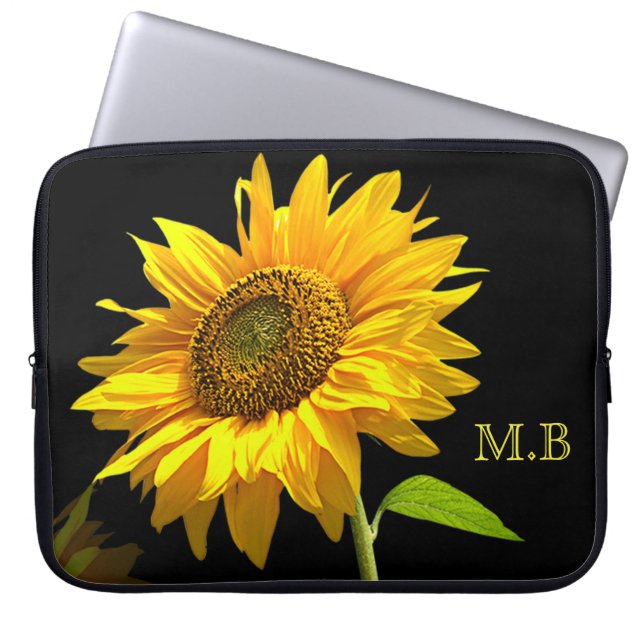Capa Para Notebook Girassol Brilhante em Fundo Preto (Frente)