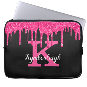 Capa Para Notebook Girly Black Hot Pink Glitter Drives Nome do Monogr