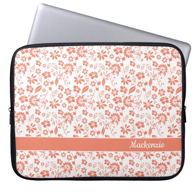 Capa Para Notebook Girly Coral Peach Tropical Flowers Monograma (Frente)