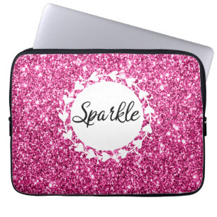 Capa Para Notebook Girly & Glam Hot Pink Glitter Sparkle White Hearts
