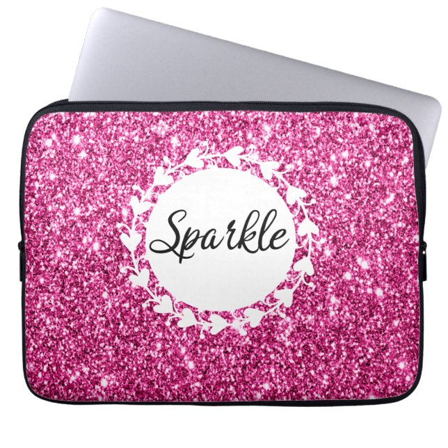 Capa Para Notebook Girly & Glam Hot Pink Glitter Sparkle White Hearts (Frente)