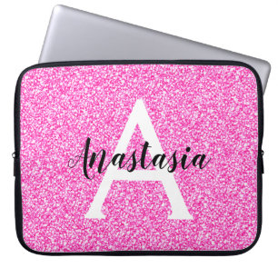 Capa Para Notebook Girly Glam Hot Pink Glitter Sparkles Monogram Name