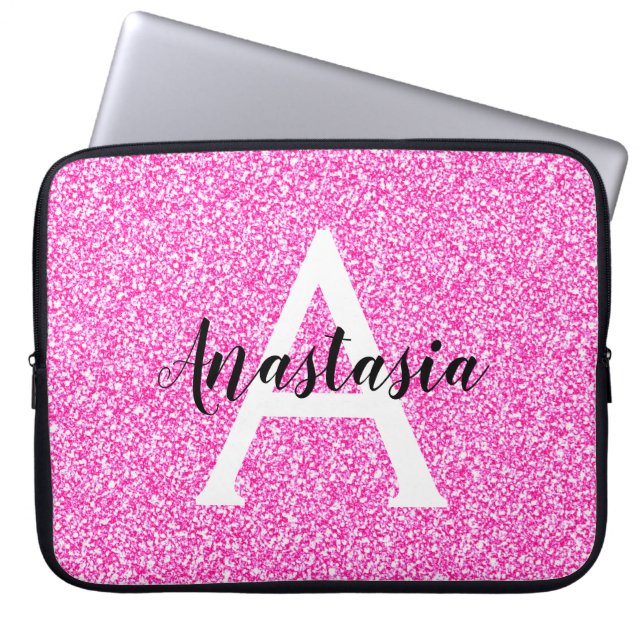 Capa Para Notebook Girly Glam Hot Pink Glitter Sparkles Monogram Name (Frente)